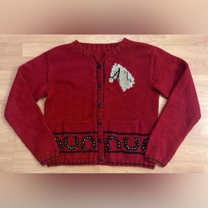 Handmade Knit Red Button-Up Cardigan Sweater with Western Horse Design